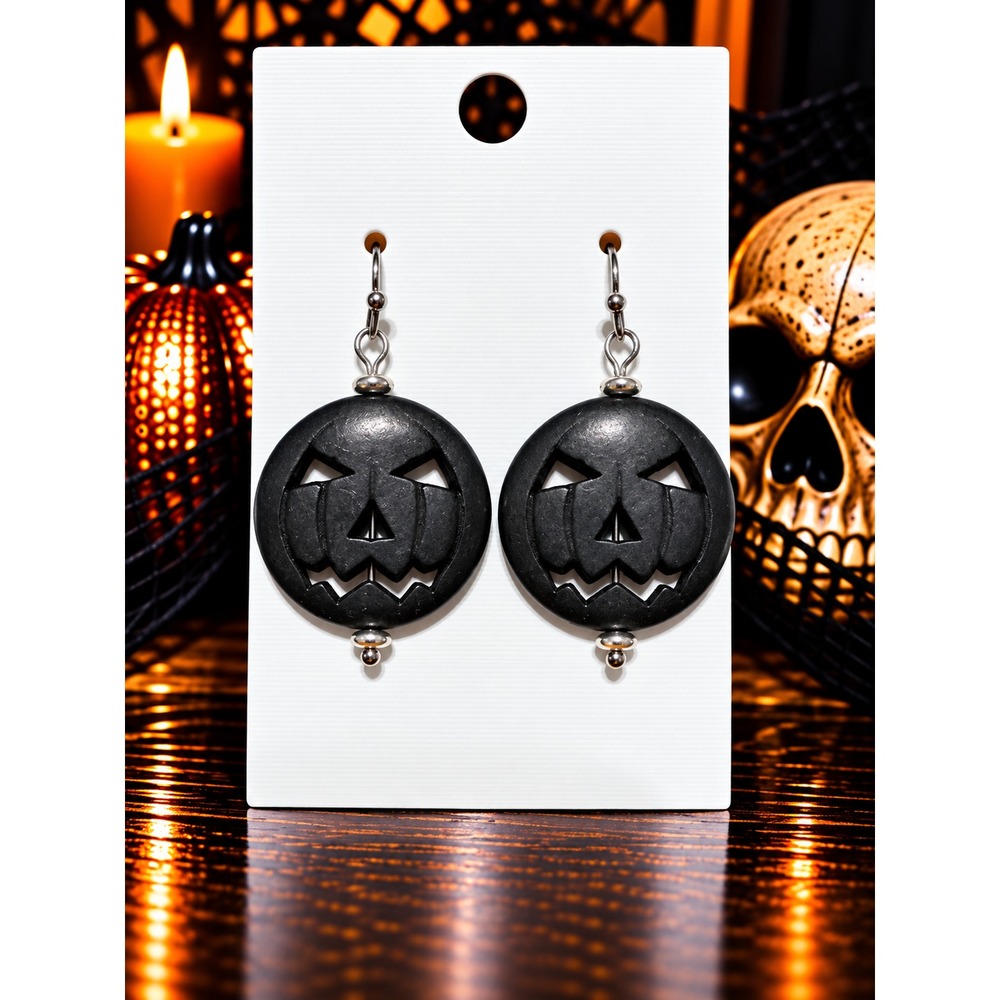 Handmade Black Howlite Pumpkin Earrings Jack O Lantern Halloween Dangles